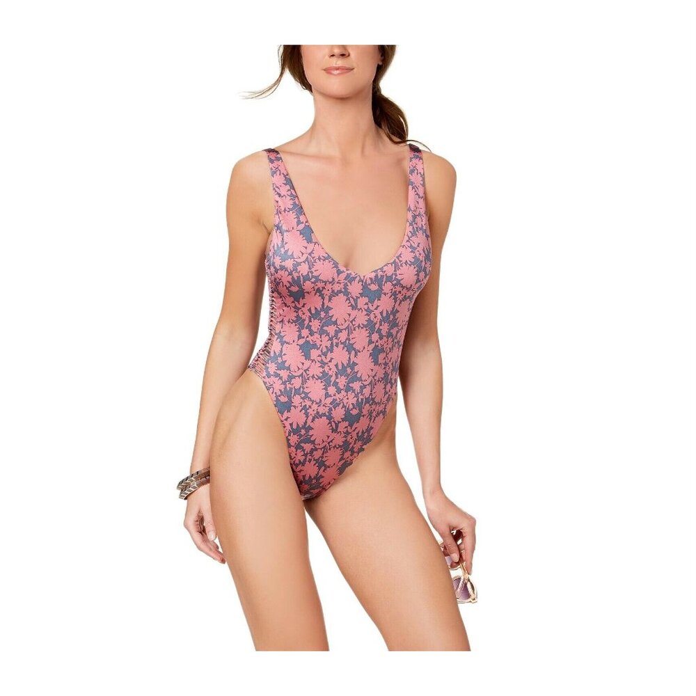 Dolce Vita pink floral high leg macrame one piece swimsuit size M new